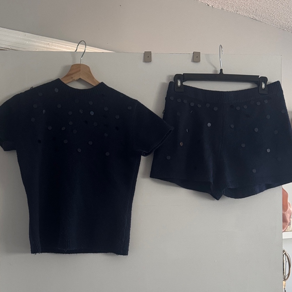 PrettyLittleThing Navy Blue short sleeve/micro shorts matching sweater set